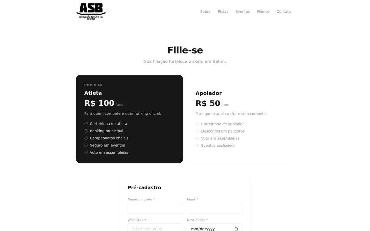 Filiação: dois planos lado a lado e o pré-cadastro logo abaixo.